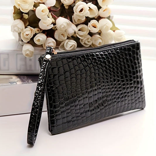 Crocodile Embossed Faux Leather Clutch with Wrist Strap