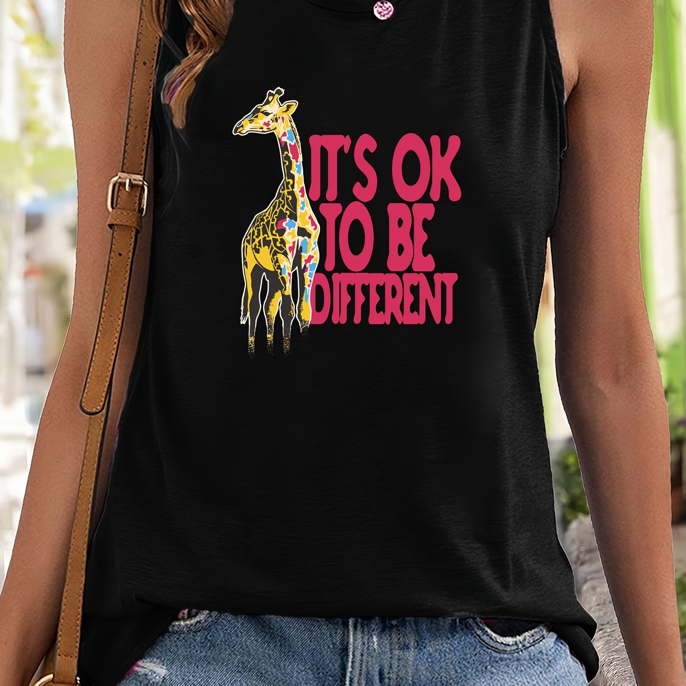 Giraffe & Letter Print Sleeveless Sports Vest Round Neck Stretchy
