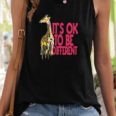 Giraffe & Letter Print Sleeveless Sports Vest Round Neck Stretchy