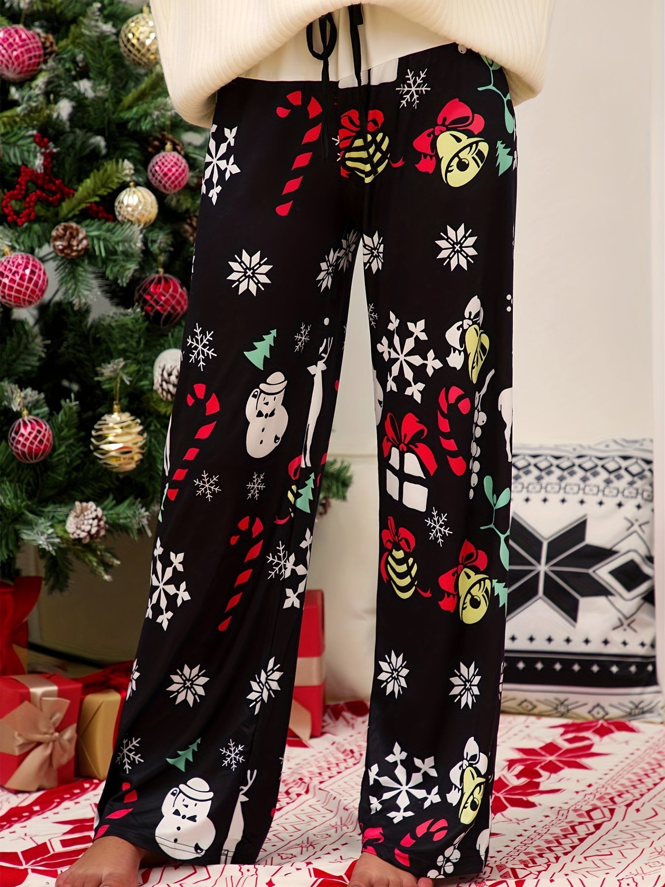  Christmas Pants Women's Plus Gift & Snowflake Print Elastic Drawstring