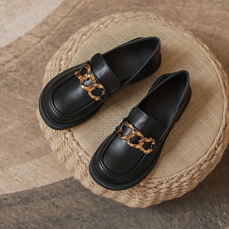 Women's Chain Decor Chunky Heel Loafers British Style Work Shoes
