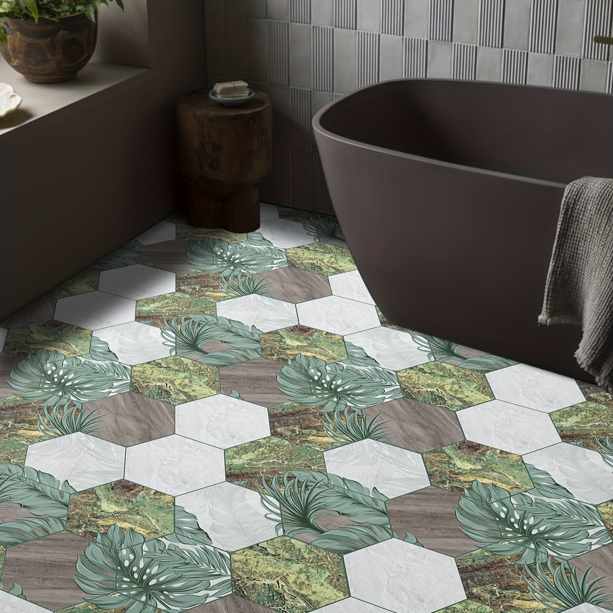 11pcs Plant Leaf Rock Pattern Self-adhesive Hexagon Floor Stickers