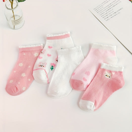 5 Pairs Baby Girls Cartoon Bunny Pattern Pink Ankle Socks