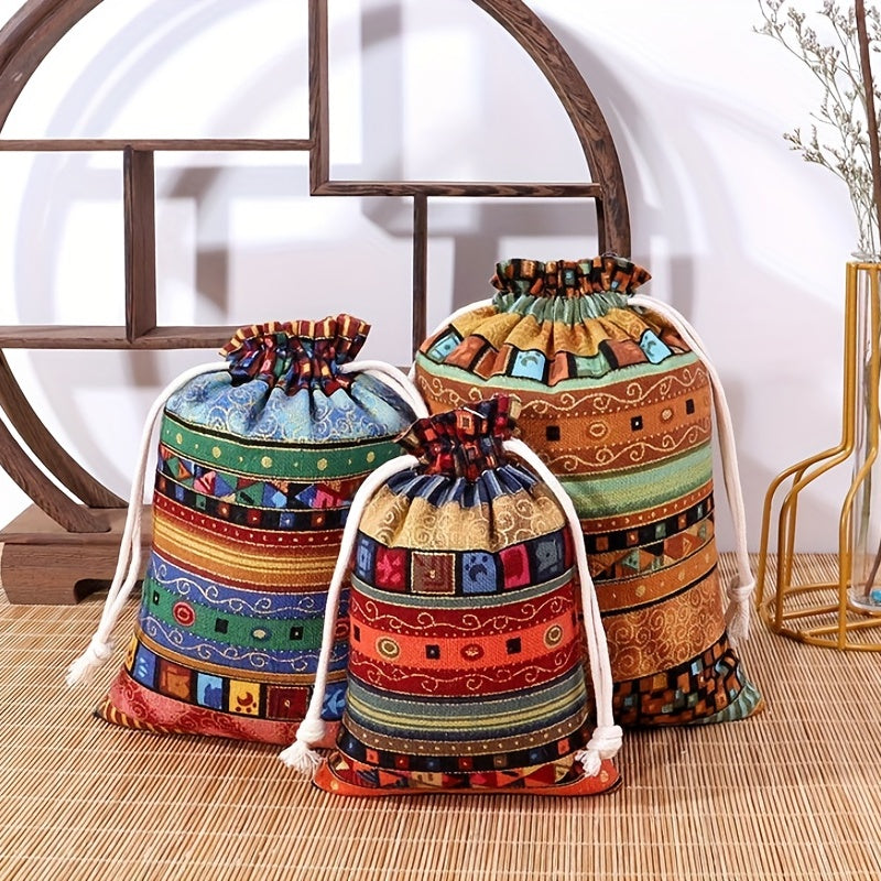 1pc Linen Gift Bags Drawstring Storage Bags Egyptian Pattern Burlap Bag