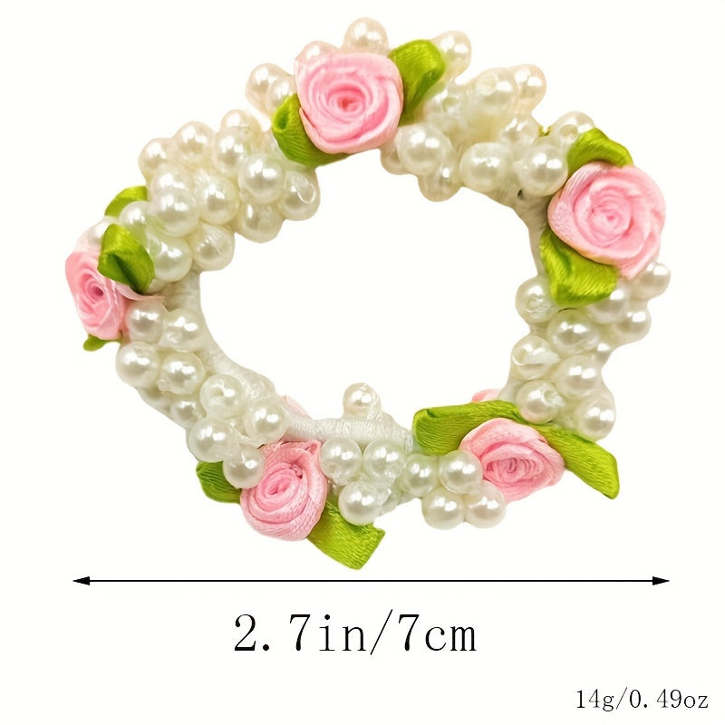 Rose Flower Faux Pearl Hair Tie Rubber Head Rope Sweet Lady Headwear