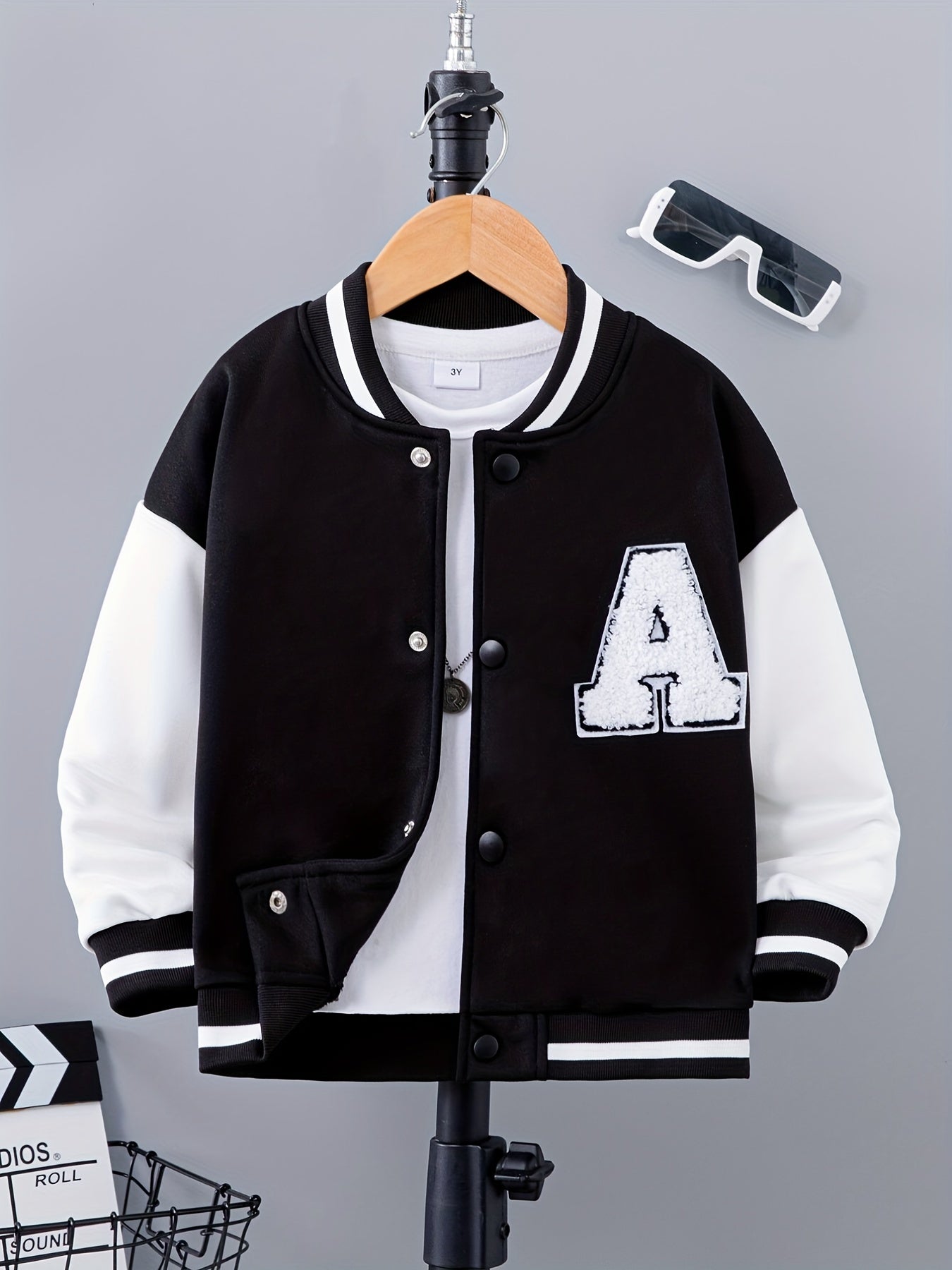 Letter Patched Kid's Baseball Jacket Button Front Long Sleeve Top