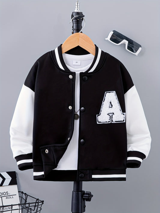 Letter Patched Kid's Baseball Jacket Button Front Long Sleeve Top