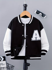 Letter Patched Kid's Baseball Jacket Button Front Long Sleeve Top