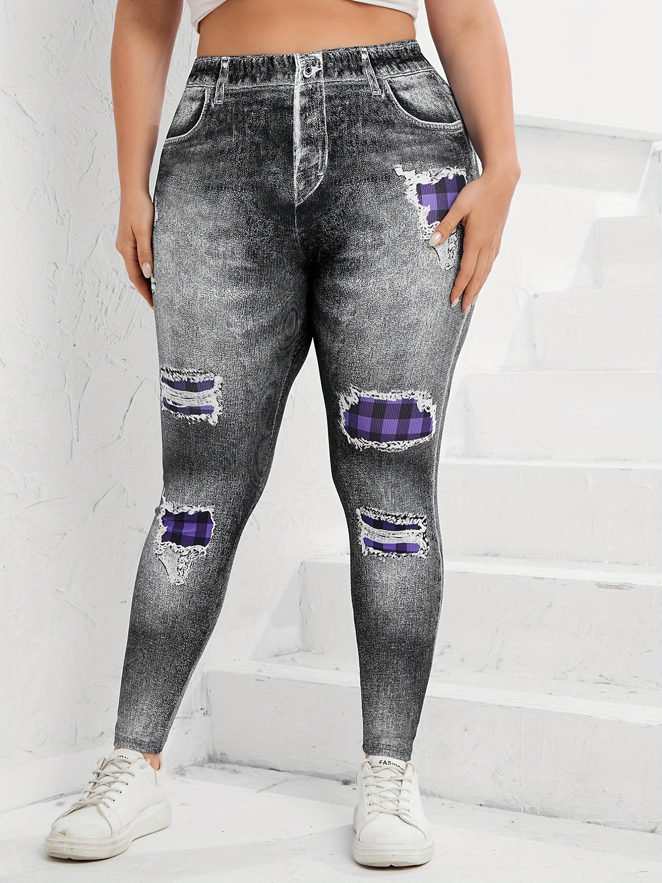  Denim Print Ripped High Waist Leggings Women's Casual