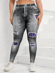  Denim Print Ripped High Waist Leggings Women's Casual