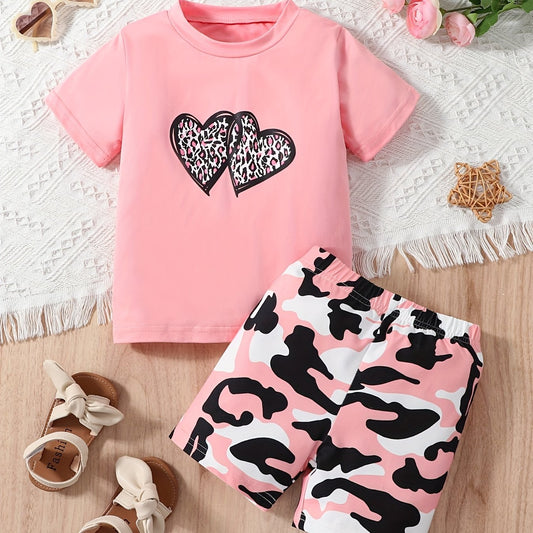 Girl's Leopard Heart T-shirt & Camo Shorts Set for Summer