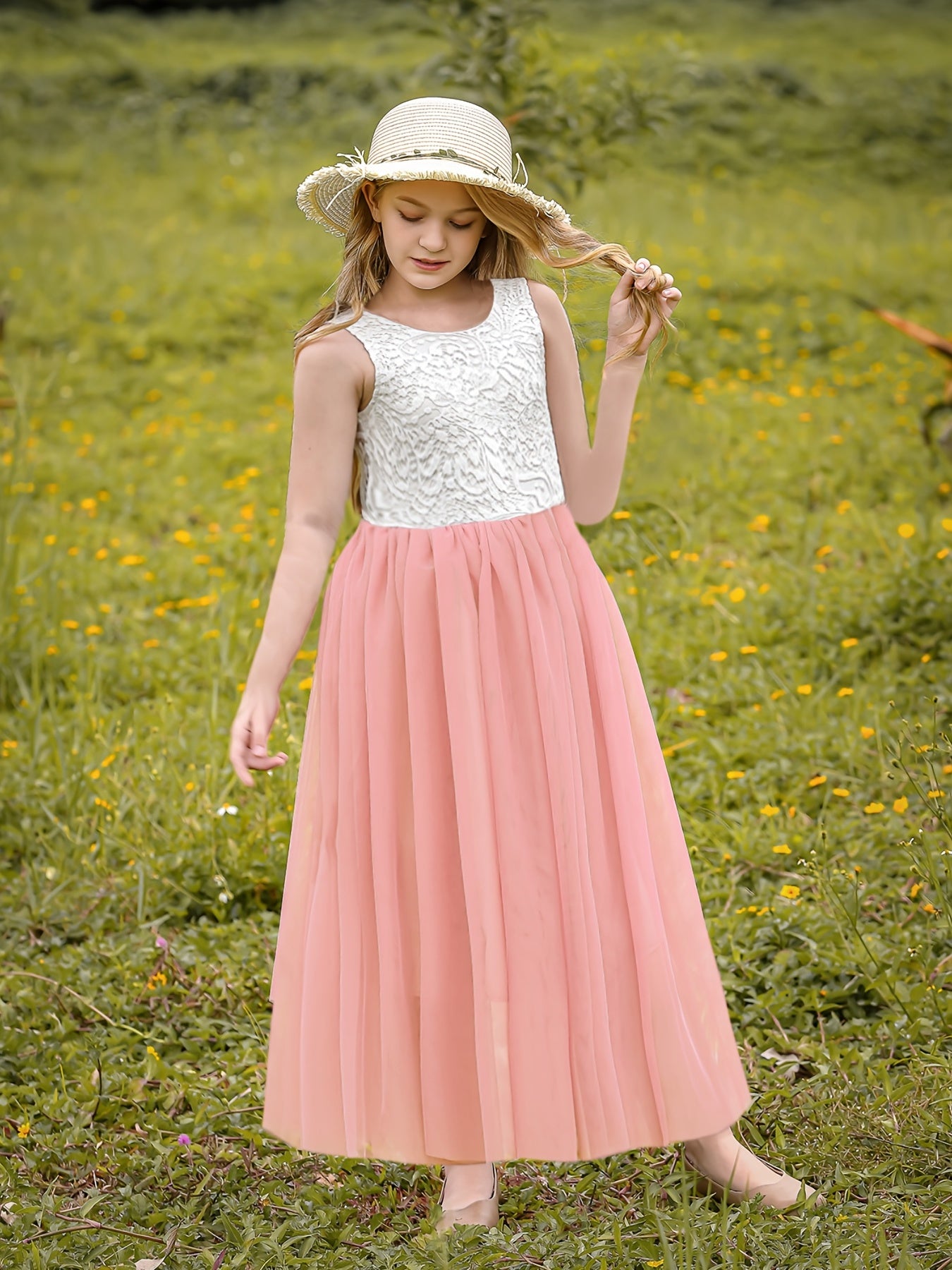 Girls Flower Lace Sleeveless Mesh Dress for Wedding Piano Performance