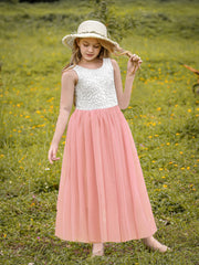 Girls Flower Lace Sleeveless Mesh Dress for Wedding Piano Performance