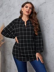 Grid Print Long Sleeve Notched Neckline Blouse