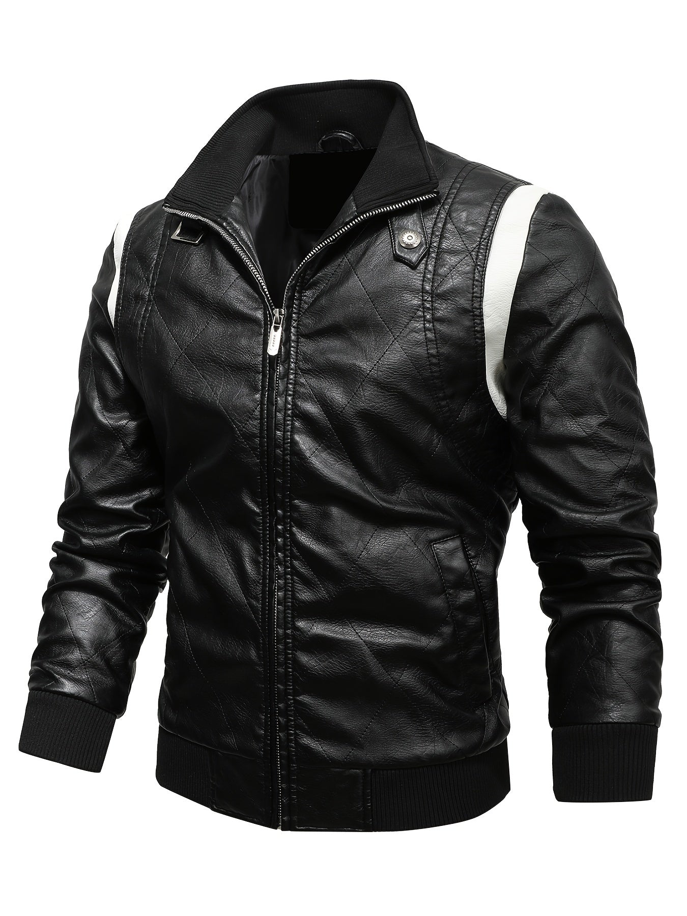 Men's Slim Fit PU Leather Jacket, Stand up Collar