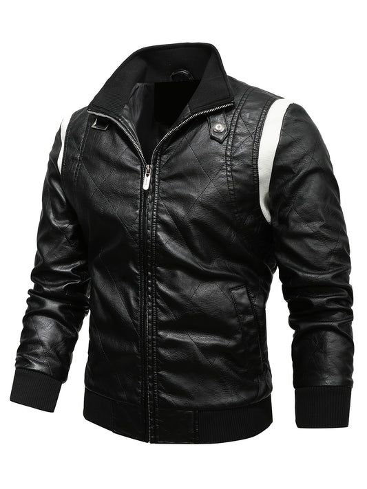 Men's Slim Fit PU Leather Jacket, Stand up Collar