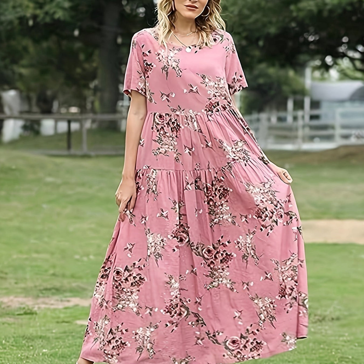  Floral Print Short Sleeve Maxi Dress