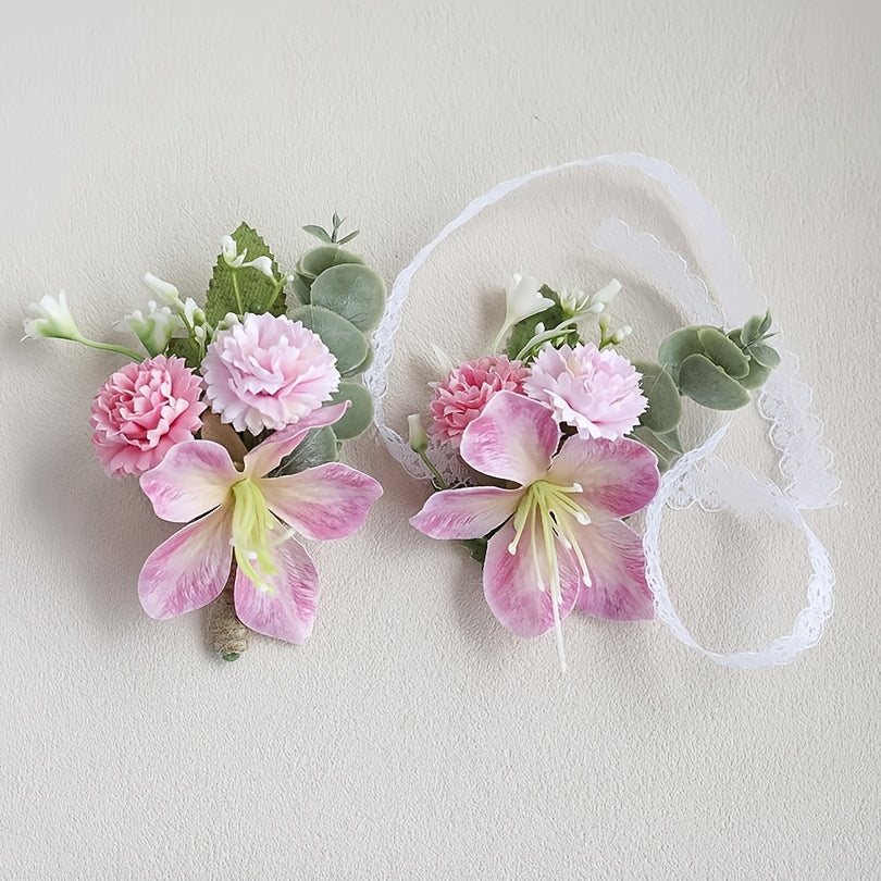 2pcs Lilac & Lily Floral Wrist Corsages Purple