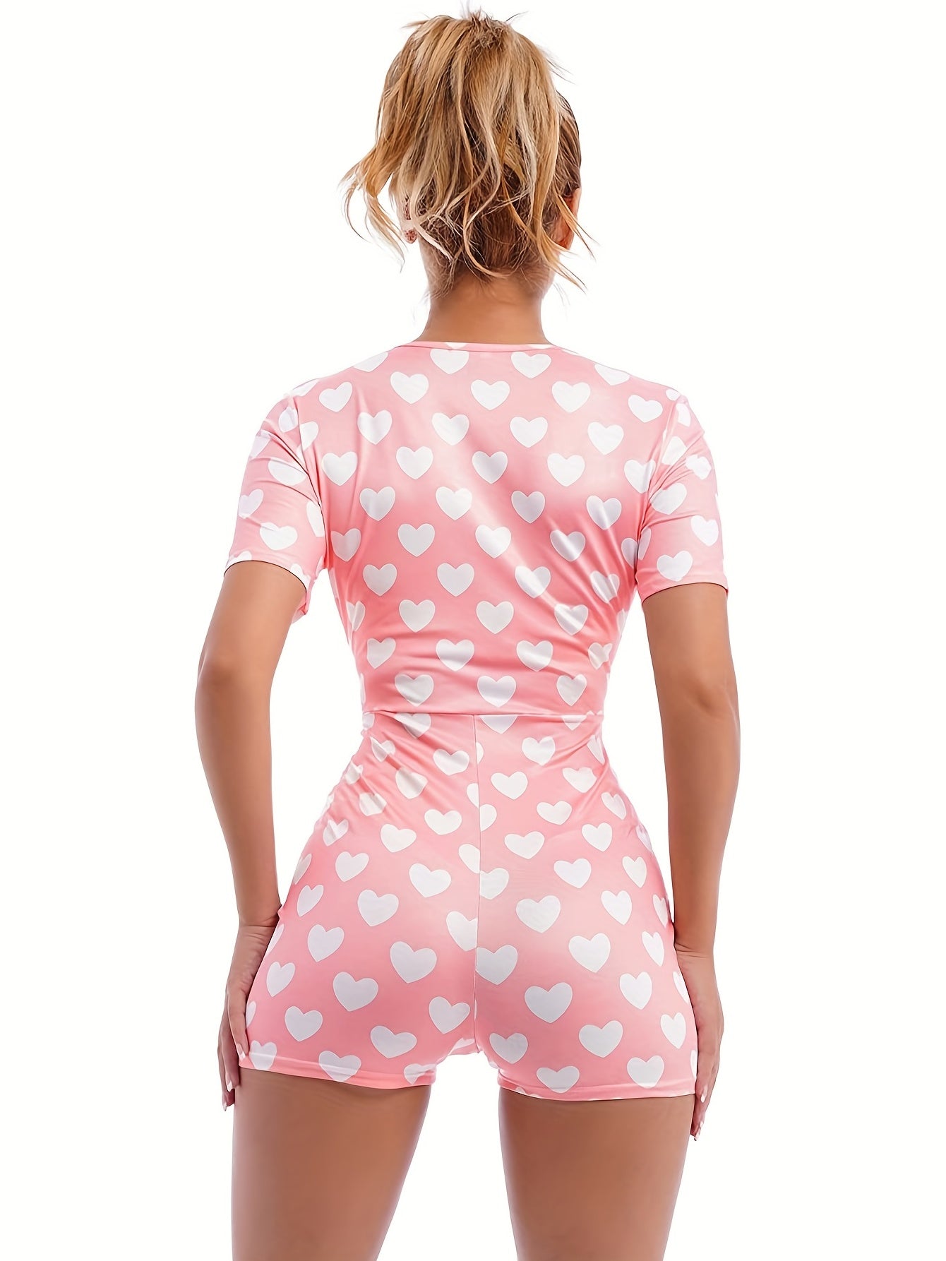 Heart Print Lounge Romper Sexy Short Sleeve Buttons Romper Women's Loungewear