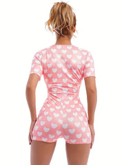 Heart Print Lounge Romper Sexy Short Sleeve Buttons Romper Women's Loungewear