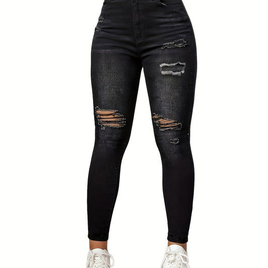 Ripped Skinny Jeans Slash Pockets Distressed High Waist Slim Fit