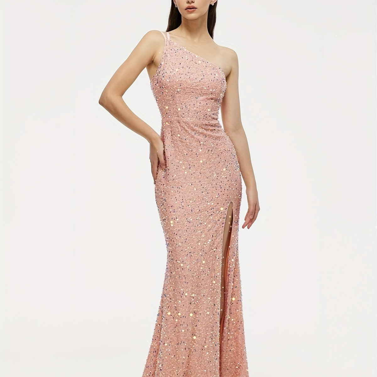 Sequined One Shoulder Split Dress Sexy Sleeveless