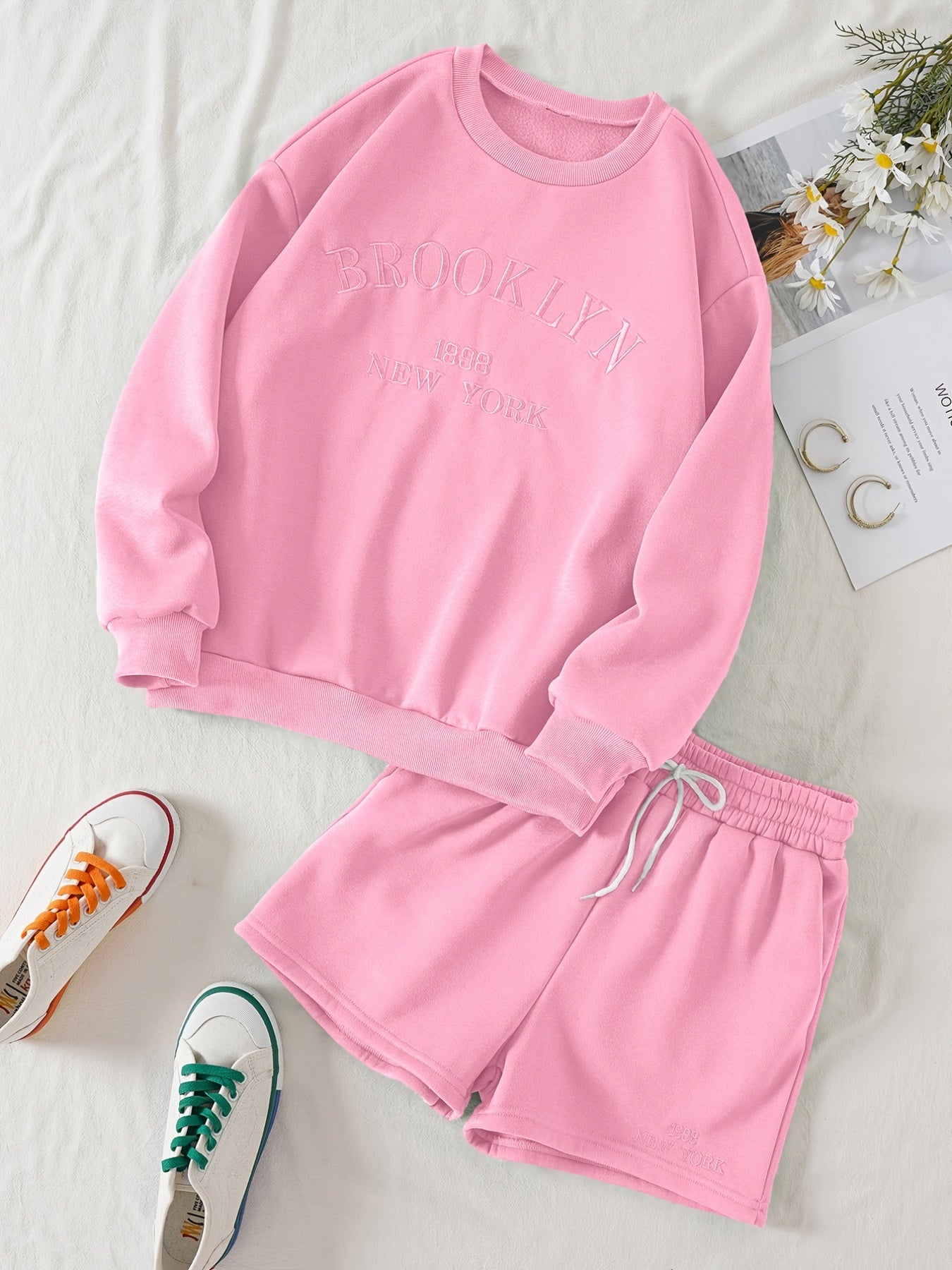Casual Letter Print Sweatshirt & High Waist Shorts Set