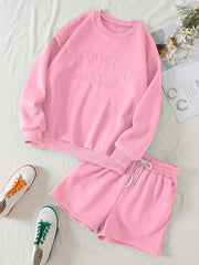 Casual Letter Print Sweatshirt & High Waist Shorts Set