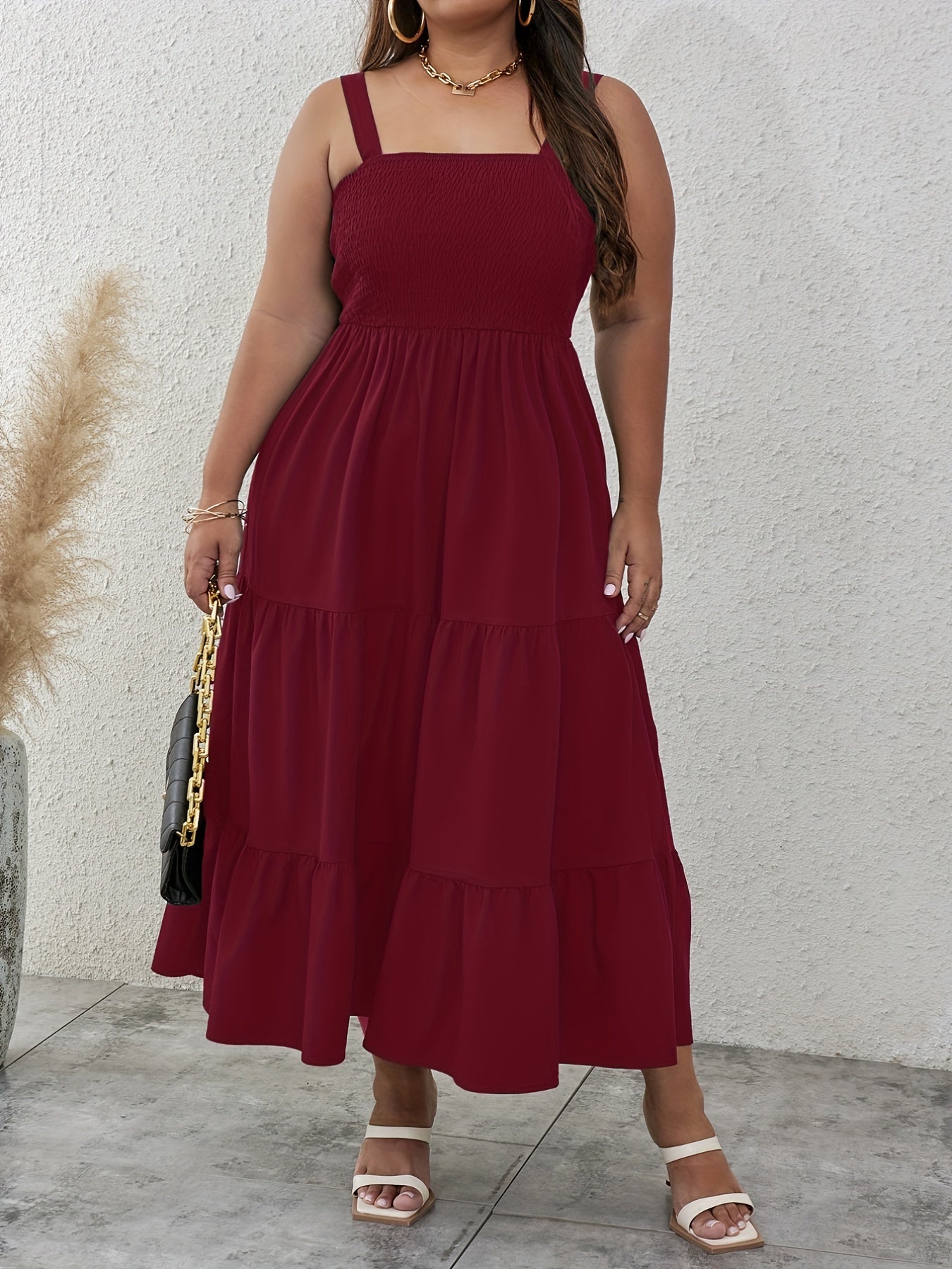  Solid Square Neck Smock Cami Dress