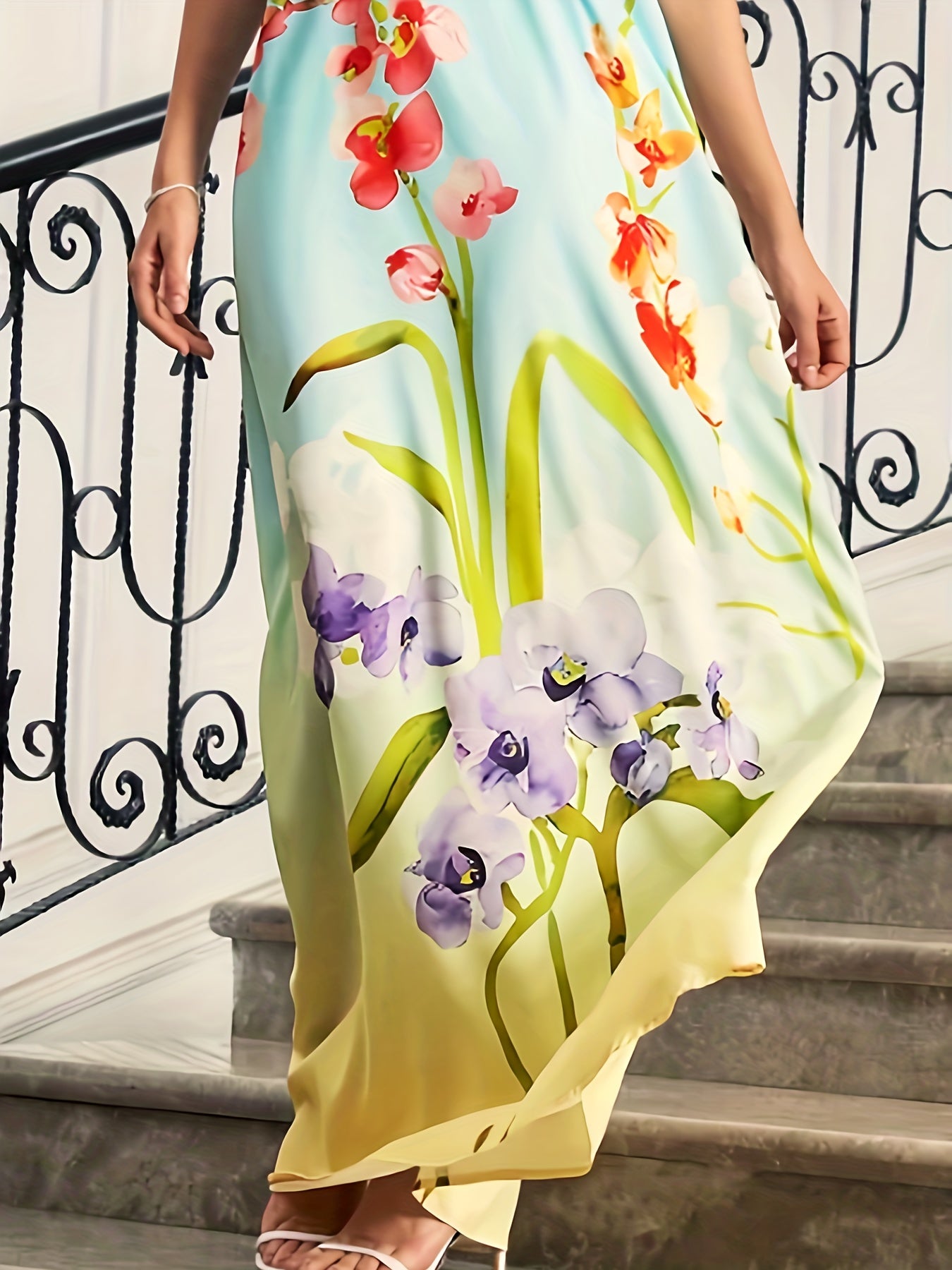  Floral Print Halter Neck Maxi Evening Dress