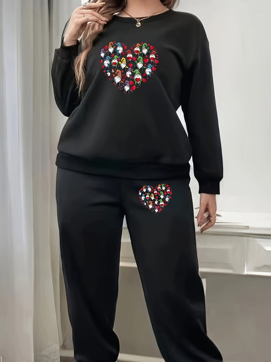 Women's Plus Gnomes & Heart Print Fleece Pullover & Joggers Set