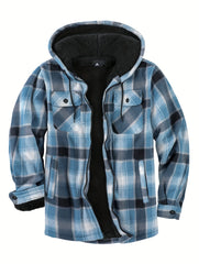 Men's Plaid Fleece Zip Hooded Jacket Outdoor Fall Winter