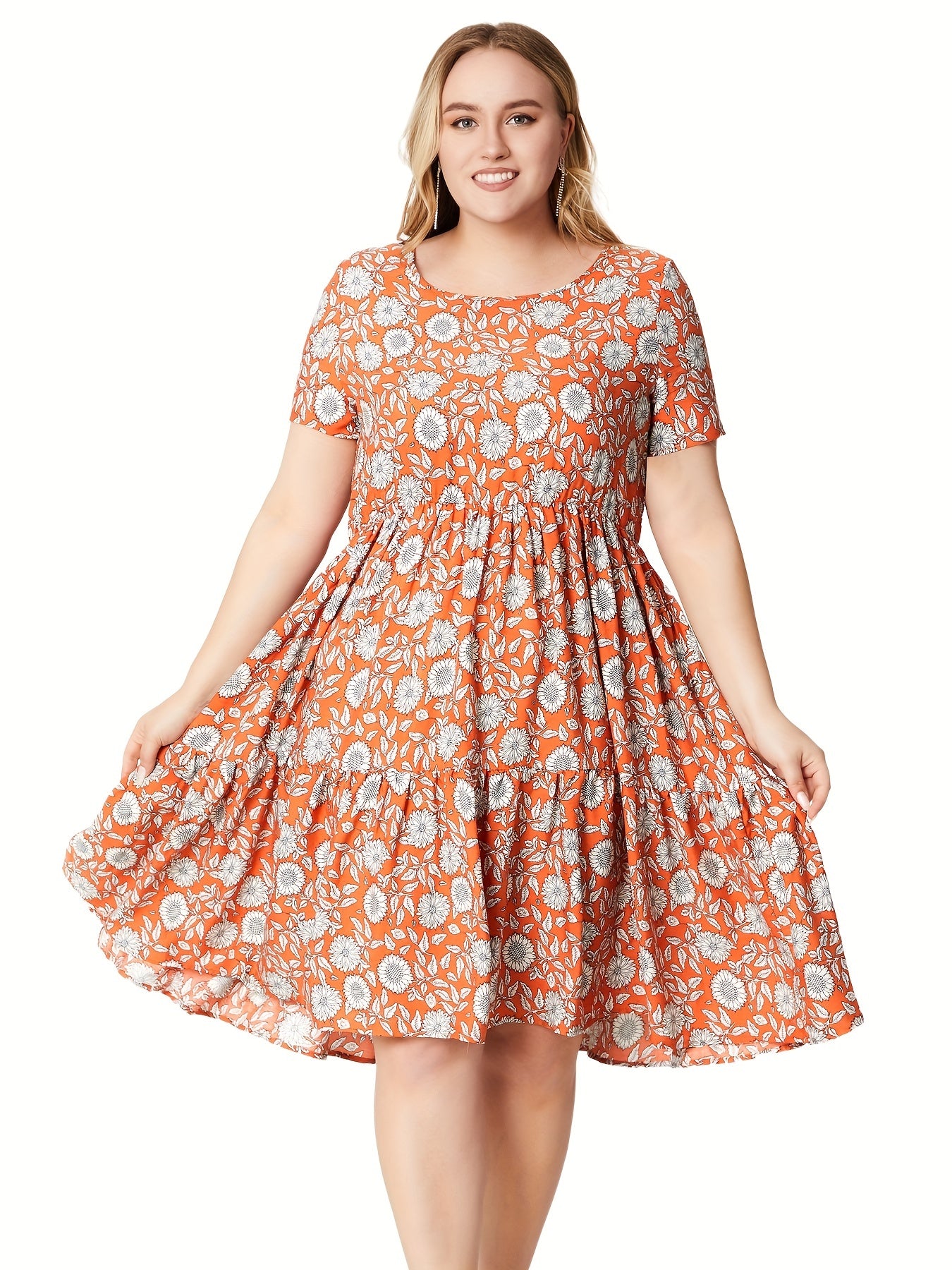 Plus Size Floral Print Short Sleeve Round Neck Ruched Smock Dress