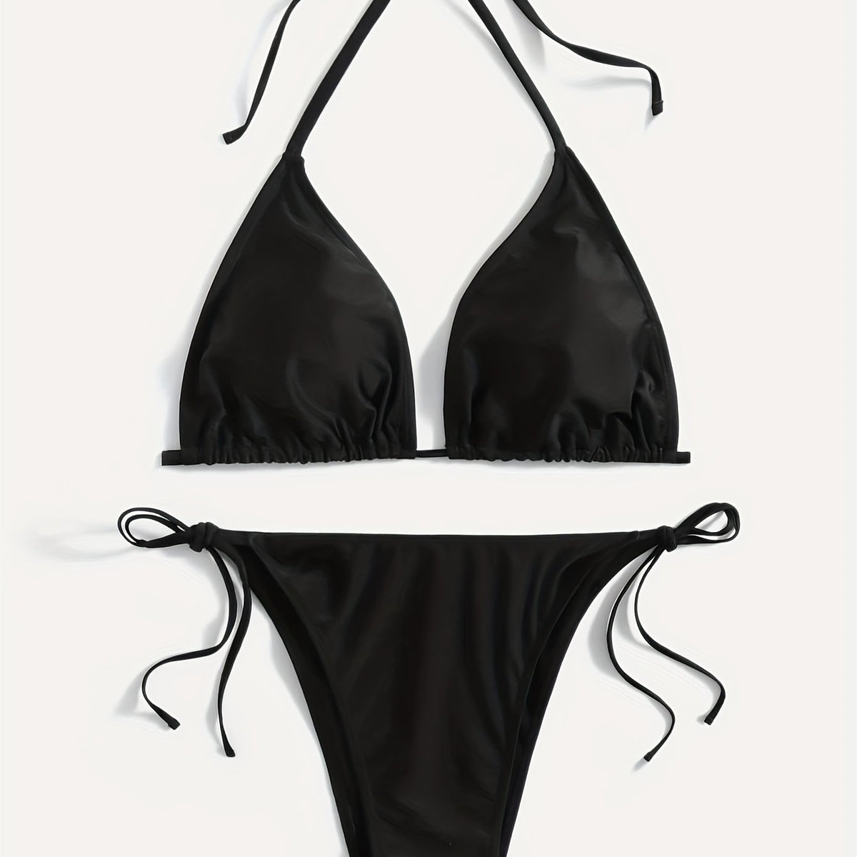  Backless Halter Bikini Set Solid Bra & Tie Side Panty Swimsuit