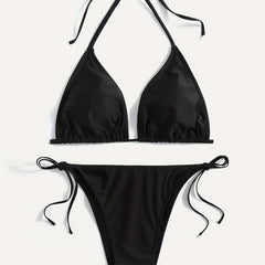  Backless Halter Bikini Set Solid Bra & Tie Side Panty Swimsuit