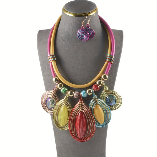 Bohemian Style Necklace & Earring Set Vintage Colorful Chunky Jewelry for Women