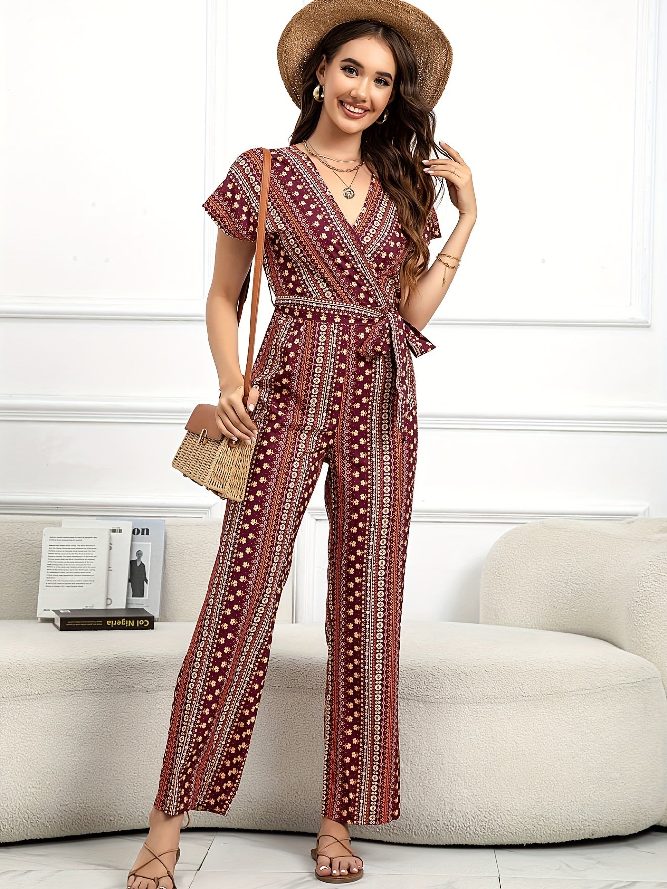 Ethnic Print Wide Leg Jumpsuit Boho Tie Waist V neck Jumpsuit