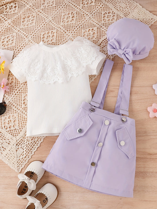 Girls Ribbed T shirt & Short Skirt Jumpsuit Set Lace Decor Tee Top Romper