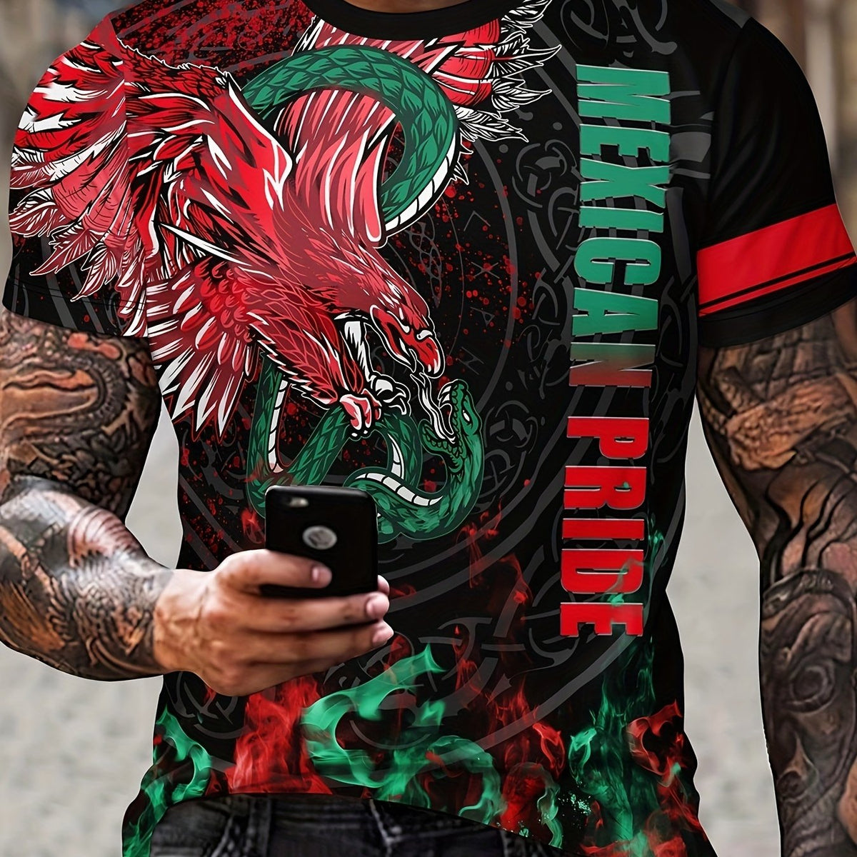 MEXICAN PRIDE Eagle Snake Print Men's Graphic Tee
