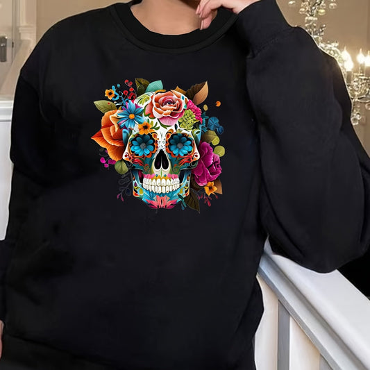  Gothic Floral Skull Print Long Sleeve Loungewear Top
