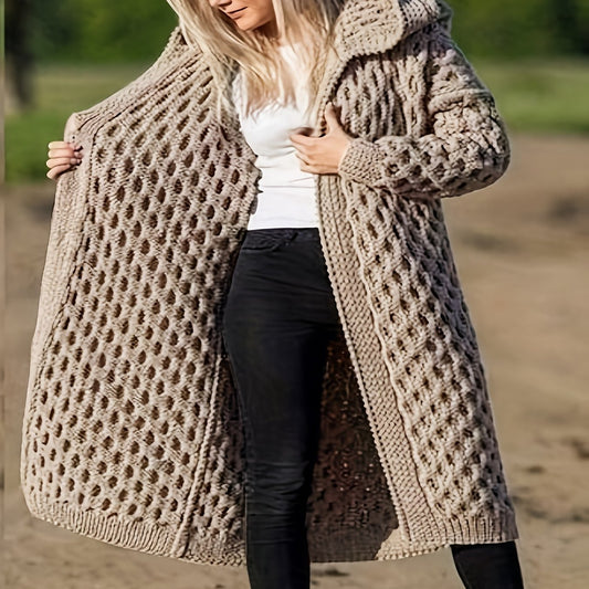  Solid Cable Long Sleeve Hooded Cardigan