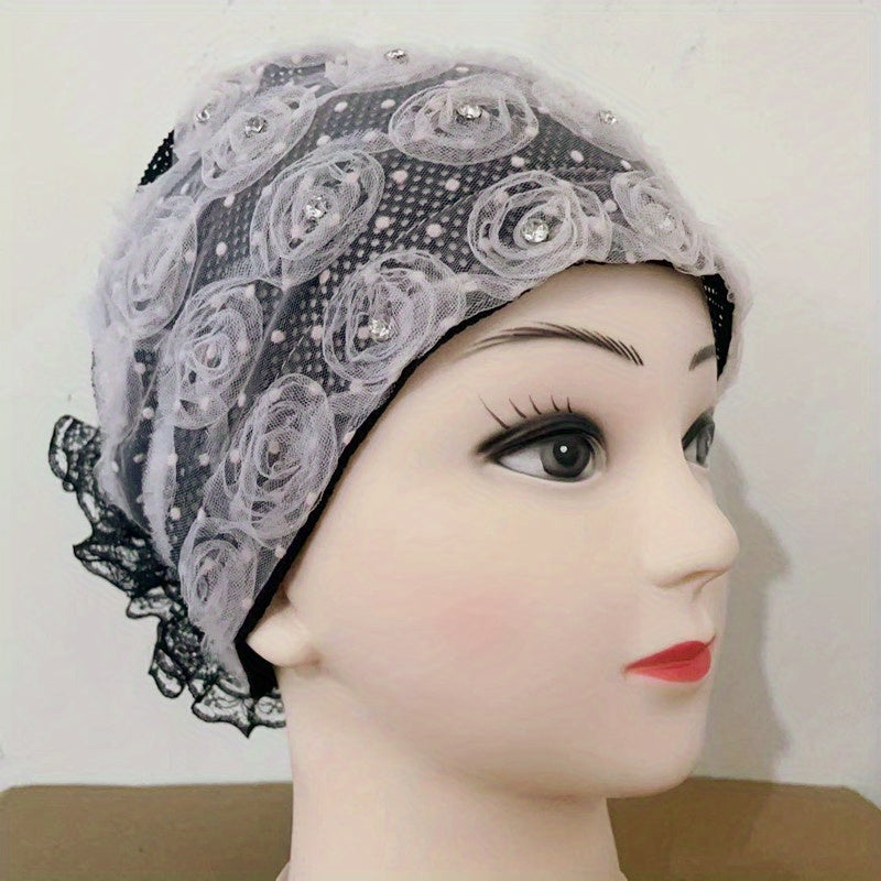 Mesh Flower Beanie Rhinestone Turban Cap Ramadan Head Wrap Lightweight Chemo Cap