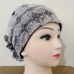 Mesh Flower Beanie Rhinestone Turban Cap Ramadan Head Wrap Lightweight Chemo Cap