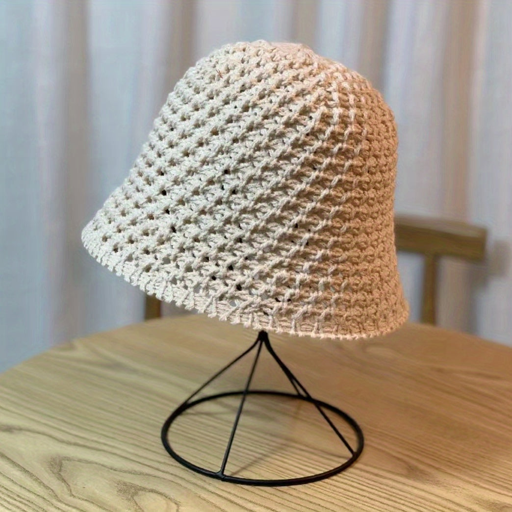 Solid Cloche Hat Hollow Crochet Bucket Hat for Spring & Summer