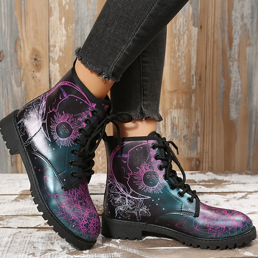 Gothic Style Ankle Combat Boots Sun & Moon Print Non Slip Outdoor Shoes