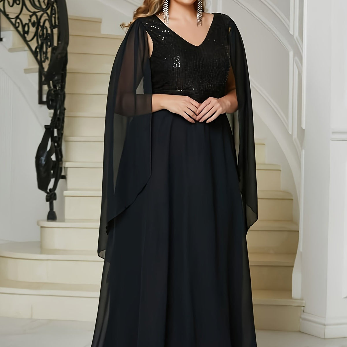  Sequin Decor Cloak Sleeve V Neck Maxi Evening Formal Dress