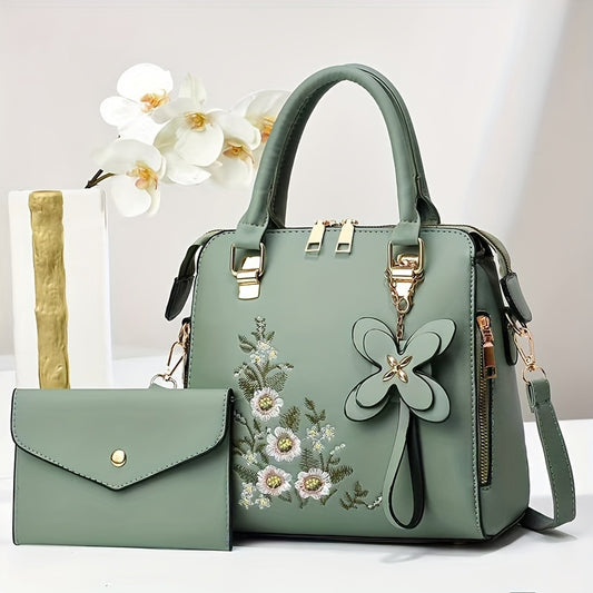 Women's Floral Embroidered Handbag Set with Clutch