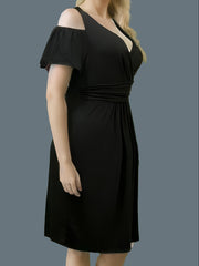  Solid Cold Shoulder V Neck Dress
