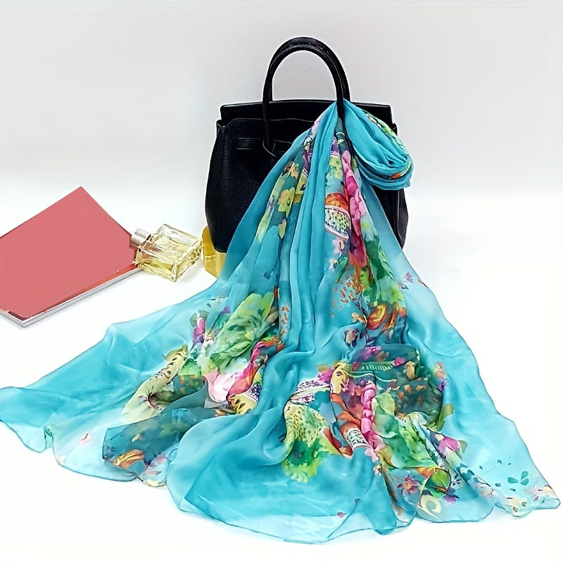 Boho Flower Print Scarf Oversized Thin Shawl Silk Head Wrap