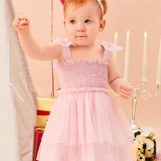Baby Girls Shirred Mesh Layered Cami Dress With Bows On Shoulder